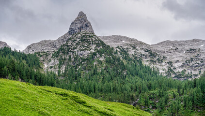 Naklejka premium A walk though the Berchtesgaden mountain alps visiting the Kärlinger Haus and enjoy the green grass at the mountain valley while hiking