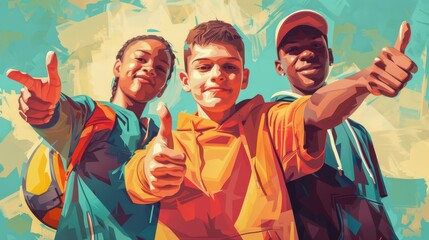 Trio of children making thumbs up gestures against a brightly colored abstract art background - obrazy, fototapety, plakaty