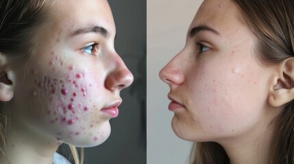 Teen girl's skin before and after treating acne. A dermatologist can help with acne treatment. - obrazy, fototapety, plakaty