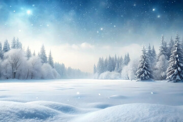 A serene, snowy landscape engulfs a forest with tall trees partially coated in frost under a clear,...