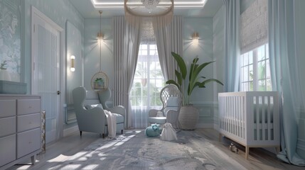 A nursery, decorated in soft blues, provides a safe space for infants with milk allergies, where every product is chosen with utmost care hyper realistic - obrazy, fototapety, plakaty