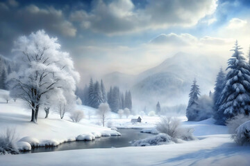 A serene, snowy landscape engulfs a forest with tall trees partially coated in frost under a clear, starry sky.