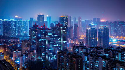 Naklejka premium Night view of high-rise buildings in modern city