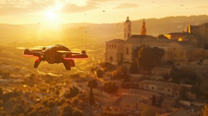 Fototapeta na wymiar Drone flying over warm sunset cityscape - A drone with a camera captures the golden hour over a historic town with a cathedral and rolling hills