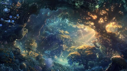 Dreamy enchanted forest with rays of light - A fantasy portrayal of an enchanted forest, with sunlight piercing through the thick foliage, creating a magical atmosphere - obrazy, fototapety, plakaty