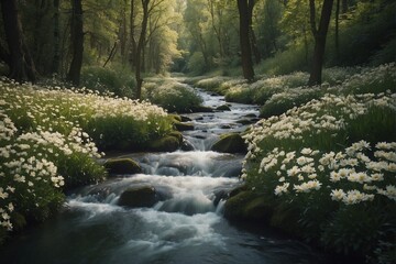 Fototapeta premium Stream Flowing Through Lush Green Forest with Colorful Flowers