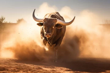 Wandcirkels aluminium A large bull raises dust with its furious running against the backdrop of sunset rays, a symbol of the state of Texas, bullfighting © Sunny
