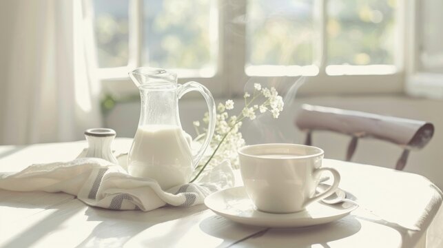 A comforting scene of fresh milk ready to be poured into a steaming cup of coffee, set against the crisp whites of a wellset breakfast table low texture