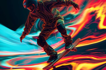 Fototapeta na wymiar Digital Artist Skateboarding on Fluid Motion Background
