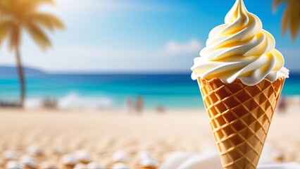 soft ice cream in a waffle cone against the backdrop of the seashore