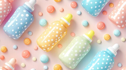Pastel Baby Bottles and Pacifiers Pattern - obrazy, fototapety, plakaty