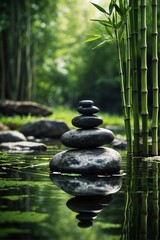 Shiny Stones Stacked on Water Surface with Bamboo Background