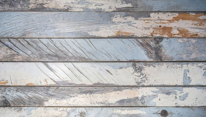 Rustic, weathered wooden planks texture with peeling paint in shades of white, blue and silver. aligned horizontally.