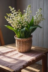 Wooden Table with Basket of Daffodils in Pink, White, and Green