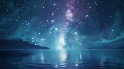 Starry Sky with Shooting Stars, Calm Water, and Milky Way
