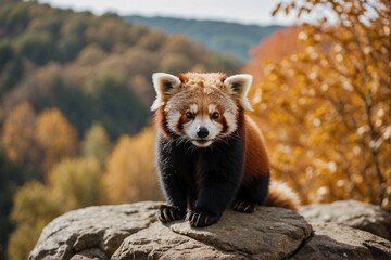 Cute fluffy red panda sitting on top of a rock against vibrant autumn foliage
