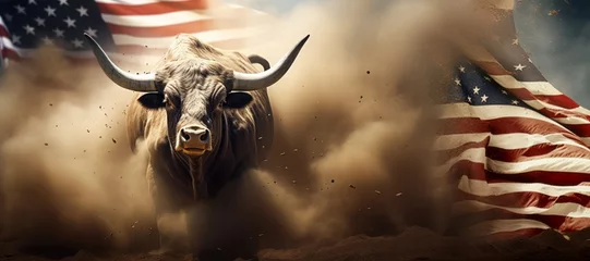 Afwasbaar fotobehang A large bull against the background of the American flag as a symbol of the state of Texas. Revolution or bullfight concept © Sunny
