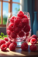 Glass of raspberries on table under sunny rays
