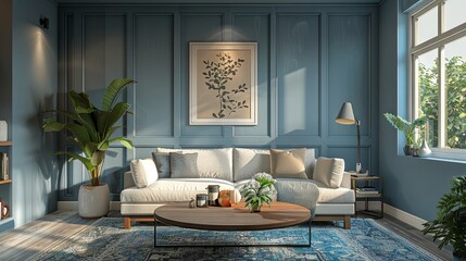 3D rendering of a contemporary living room with a warm and inviting atmosphere, complemented by a blue wall texture backdrop.