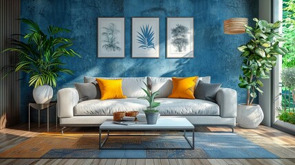 3D rendering of a contemporary living room with a warm and inviting atmosphere, complemented by a blue wall texture backdrop.