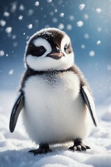 Fototapeta premium Cute fluffy little baby penguin standing on the snow