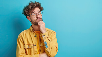 Portrait of a confused puzzled minded man on pastel blue background