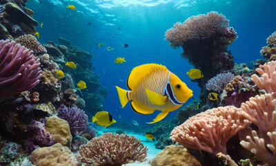 Naklejka na ściany i meble A school of fish swim among the coral reefs.