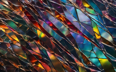 Shattered glass texture with rainbow light refraction, chaotic pattern of cracks and splinters,...