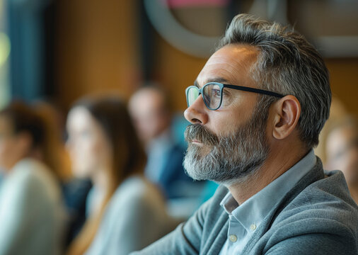 A middle-aged professional attending a seminar or master class listens attentively to the speaker against the backdrop of a modern conference room.