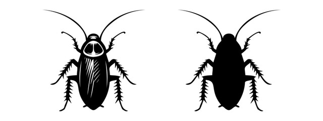 Cockroach black silhouettes, detailed and solid. Insect vector illustration. Isolated on white backdrop Concept of pest control, infestation, home hygiene. For design, print, educational material