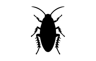 Silhouette of a cockroach on white backdrop. Black cockroach vector illustration. Concept of pest control, infestation, and home hygiene. For design, print and educational material.