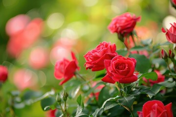 Vibrant red roses in soft light - Blooming red roses are captured in soft lighting, embodying love, passion, and beauty in their purest form