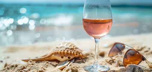 A wine glass and sunglasses placed on the beach sand, day light, copy space for text
