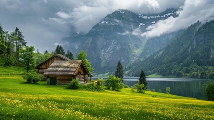 Idyllic wooden cabin in lush green valley - Classic wooden cabin sits amidst vibrant green fields against a dramatic mountain backdrop in a picturesque alpine setting