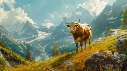 Idyllic alpine landscape with CGI cow - Serene CGI cow grazing in a stunningly realistic alpine landscape with towering mountains in the background