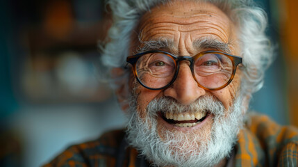 Photo of retired old man open mouth shiny smile excited wear glasses green pullover isolated blue color background.