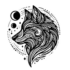 a black and white drawing of a wolf with a circle of stars and the moon.