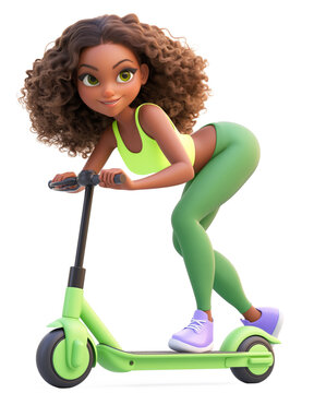 Playful young African American woman in stylish green fitness attire riding a scooter,. Active lifestyle and urban mobility. Isolated