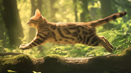 Gato andando na floresta visto de lado - Ilustração - obrazy, fototapety, plakaty