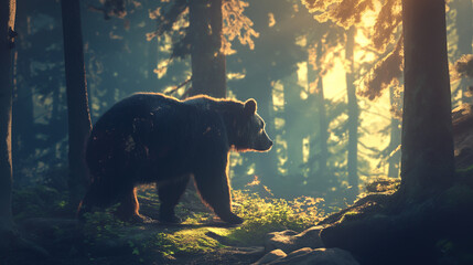 Urso pardo na floresta visto de lado - Ilustração