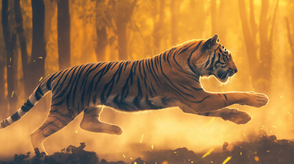 Fototapeta na wymiar Tigre correndo na floresta visto de lado - Ilustração