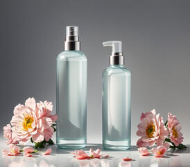 Fototapeta na wymiar Cosmetic bottle mockup without label on simple background with flowers, Generative AI 