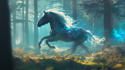 Cavalo galopando na floresta visto de lado - Ilustração