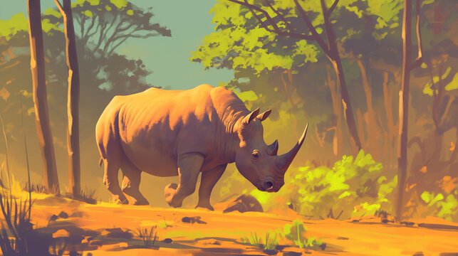 Rinoceronte andando na floresta visto de lado - Ilustração 