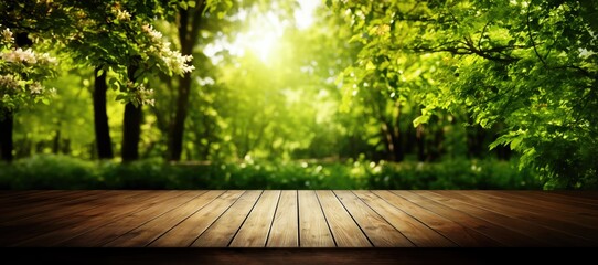 Spring banner with green grass, sunlight and wood floor. Beauty natural background