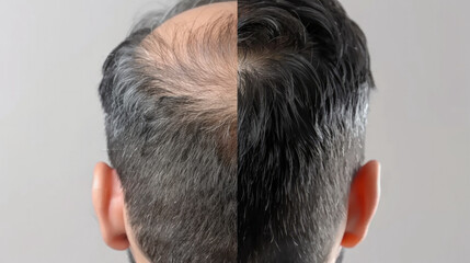 Back view of man head before and after hair care using hair serum