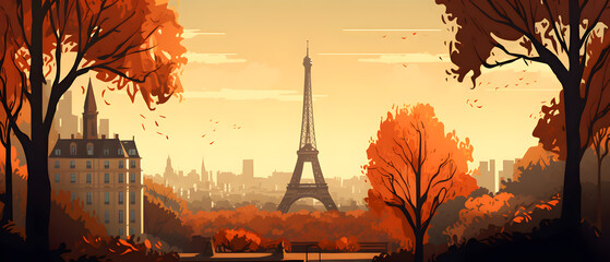 Paris in autumn. A landscape drawing with a beautiful city.