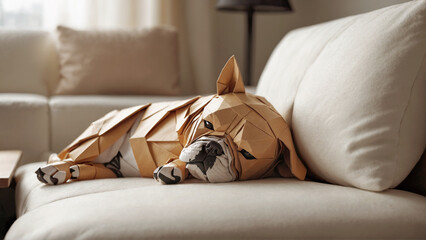 Lazy adorable origami paper bulldog taking a nap on couch at home.
