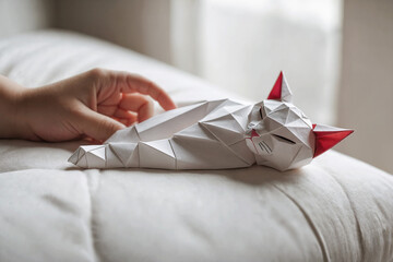Child's hand petting an adorable origami paper cat taking a nap on bed at home.