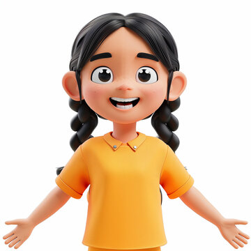 Simple teen character 3d render avatar, smiling braided hair girl in orange t-shirt. Cute minimalistic style